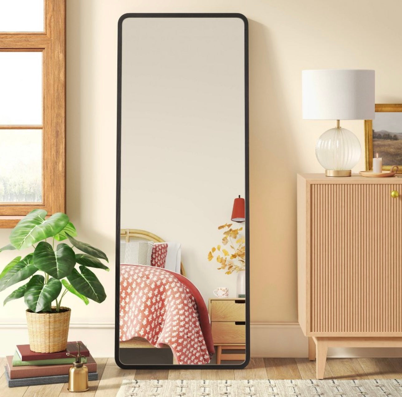 Rounded Corner Wood Leaner Mirror Black