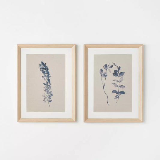 (Set of 2) 18" x 24" Naive Floral Sketch Framed Wall Arts Blue